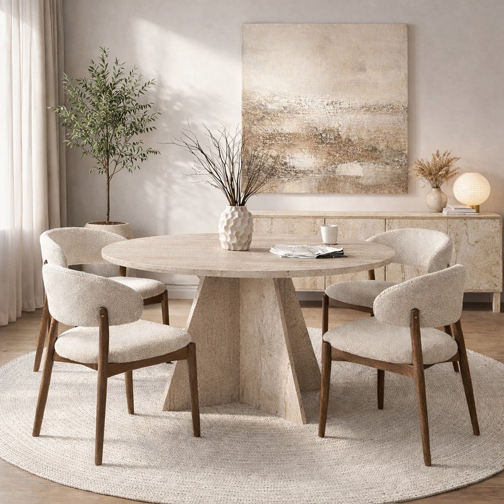 Eettafels - Eetkamertafel rond travertin - 120 cm - Mary - Dimehouse