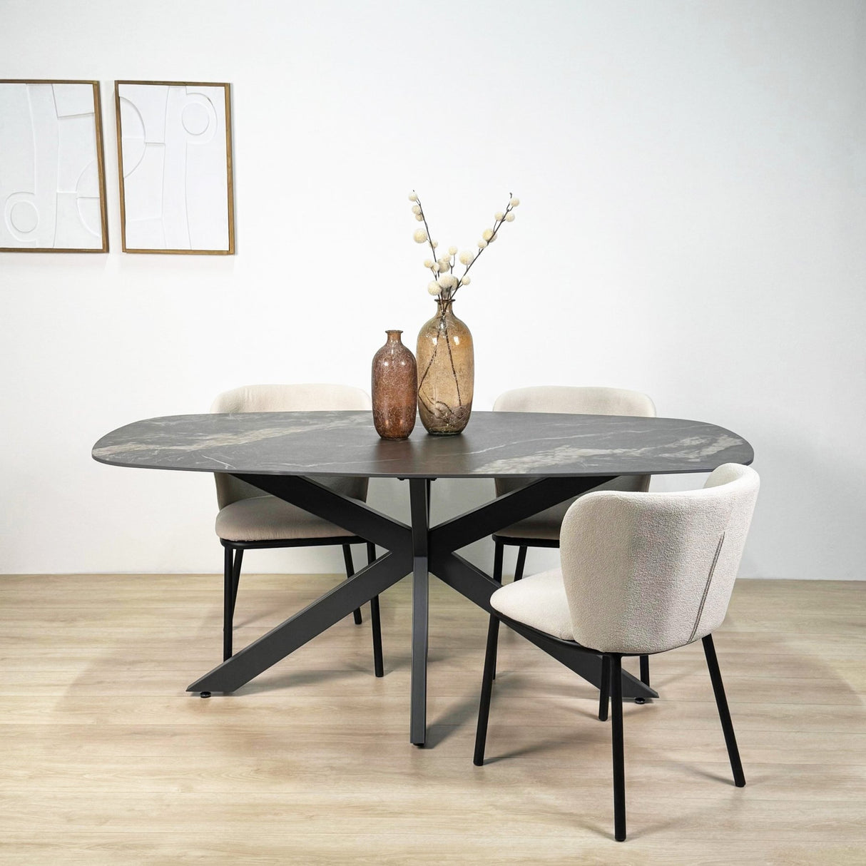 Eettafel Dolore 180x90 cm Deens Ovaal Marmerlook Zwart