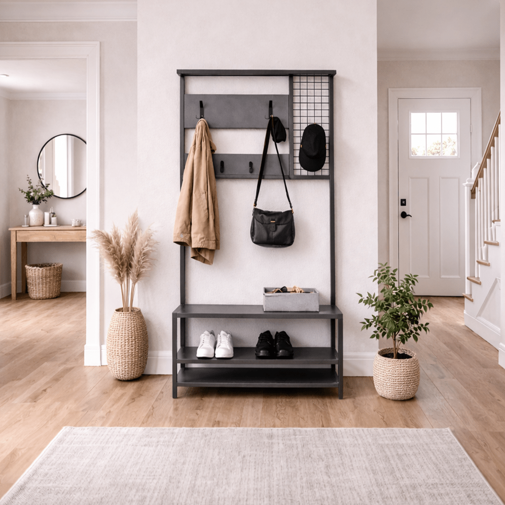 Kapstokken - Garderobemeubel Kapstok Antraciet Melamine Novad - Met Leggers - Dimehouse