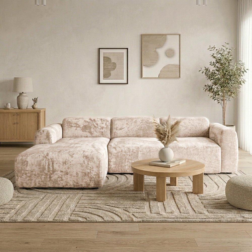 Banken-Hoekbank zand chenille stof - 292x170 cm - Shane - links-Dimehouse