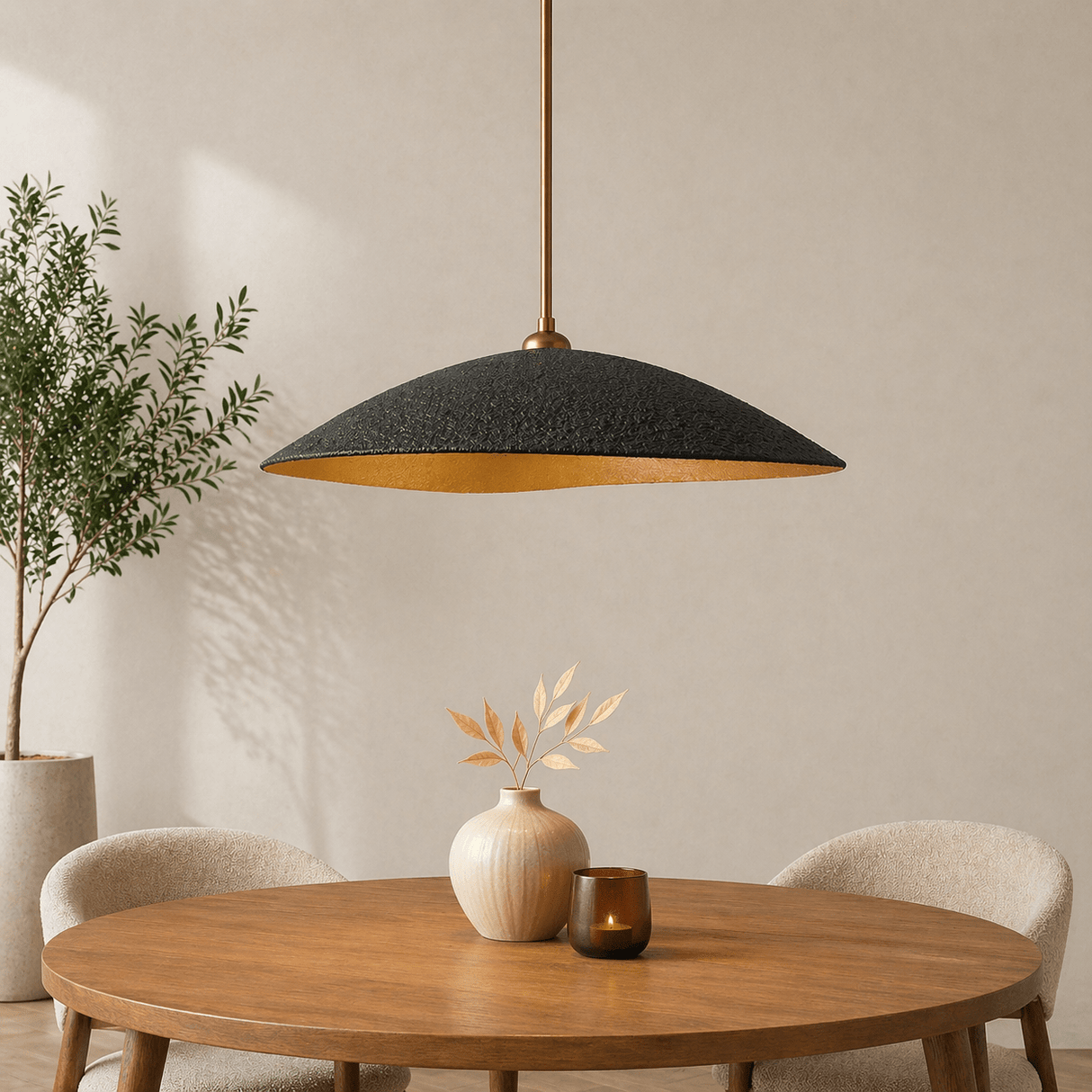 Hanglampen - Hanglamp zwart met goud carbon betonnen kap - 40 cm - Flowing - Dimehouse