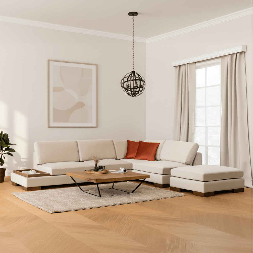 Hoekbank Rechts Tulip Beige - Met Hocker sfeerfoto in modern interieur