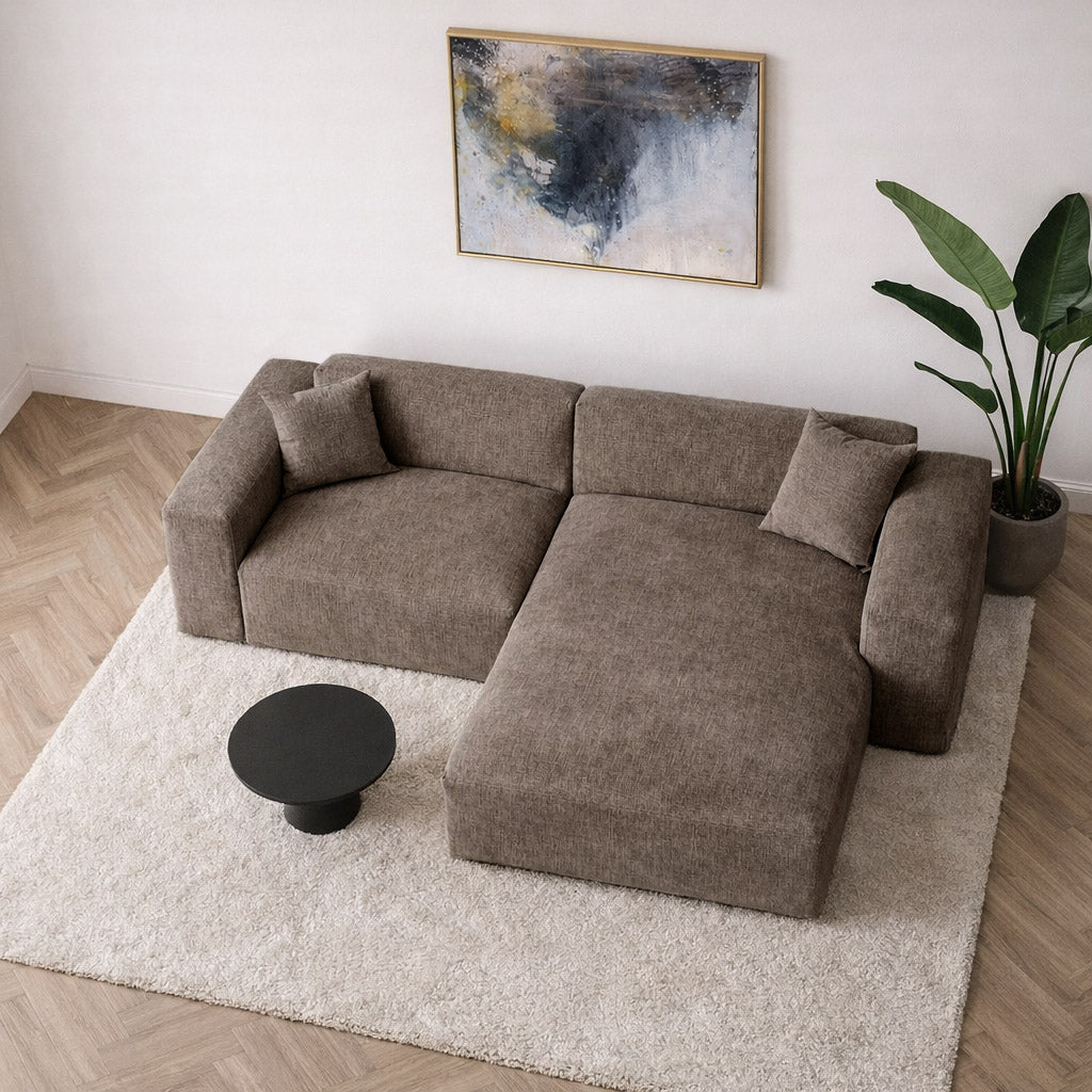 Banken - Hoekbank taupe chenille Wayne 264 cm - hoek links en rechts monteerbaar - Dimehouse
