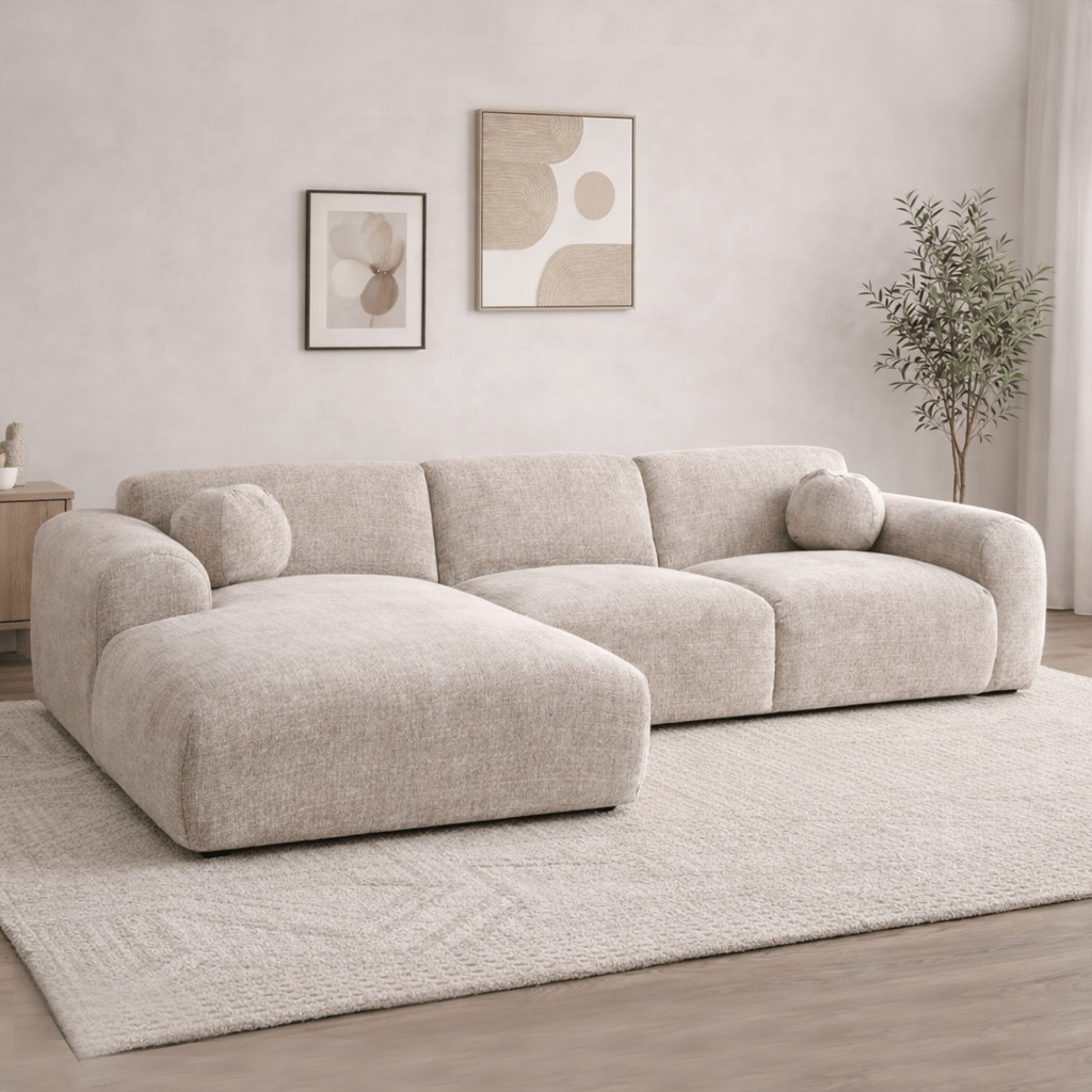 Hoekbank met lounge beige chenille stof Shane - links