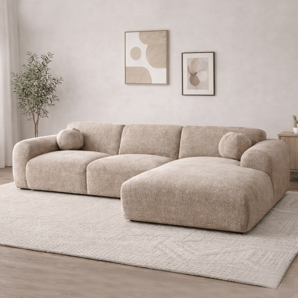 Banken - Hoekbank zand chenille stof - 292x169 cm - Shane - rechts - Dimehouse