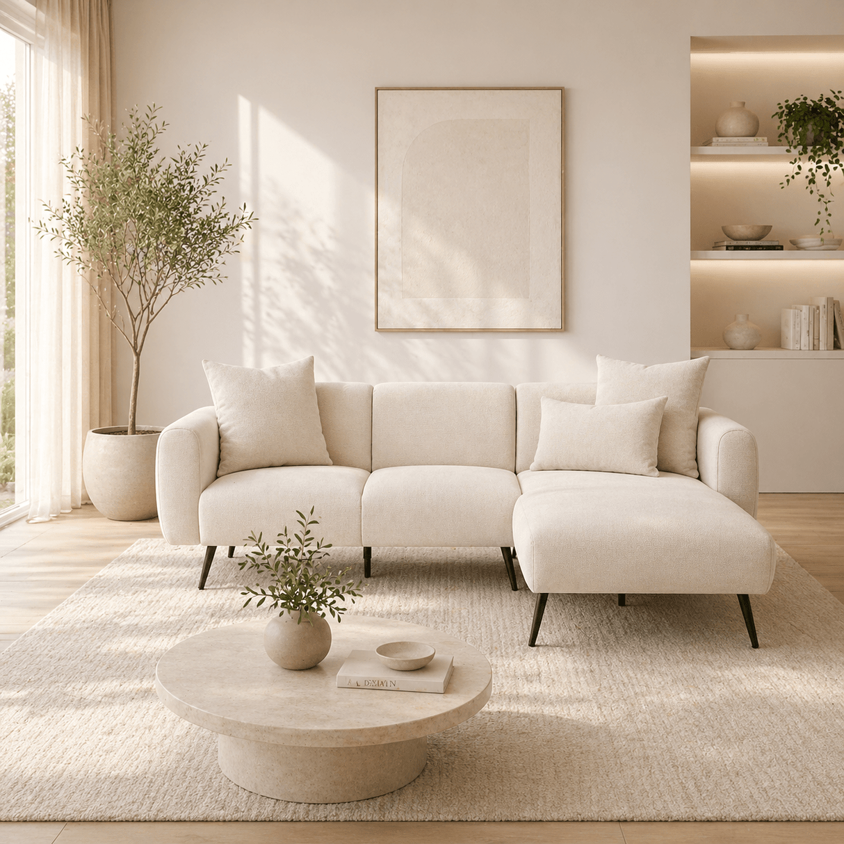 Hoekbank crème stof - Hoge slanke poten - massief binnenwerk - 252 x 155 cm - Side