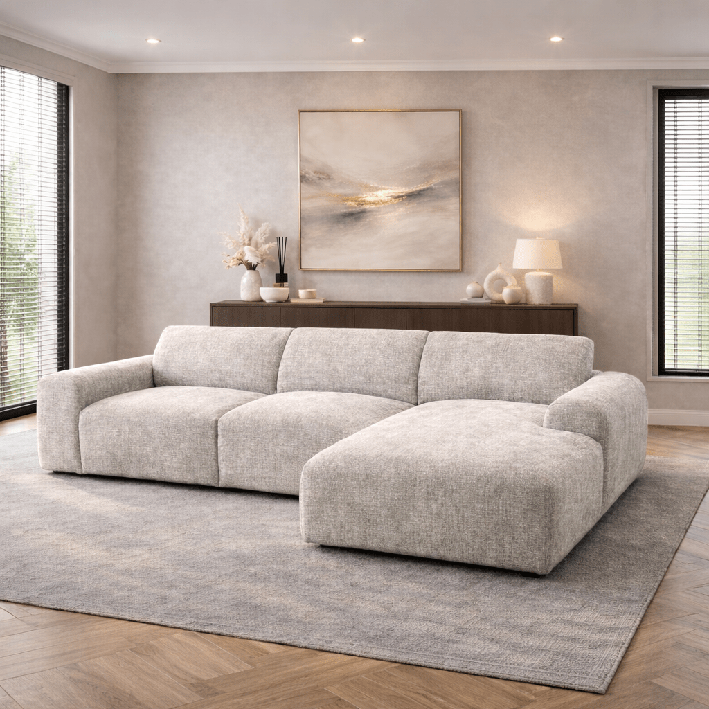 Hoekbank met lounge beige chenille stof Shane - rechts