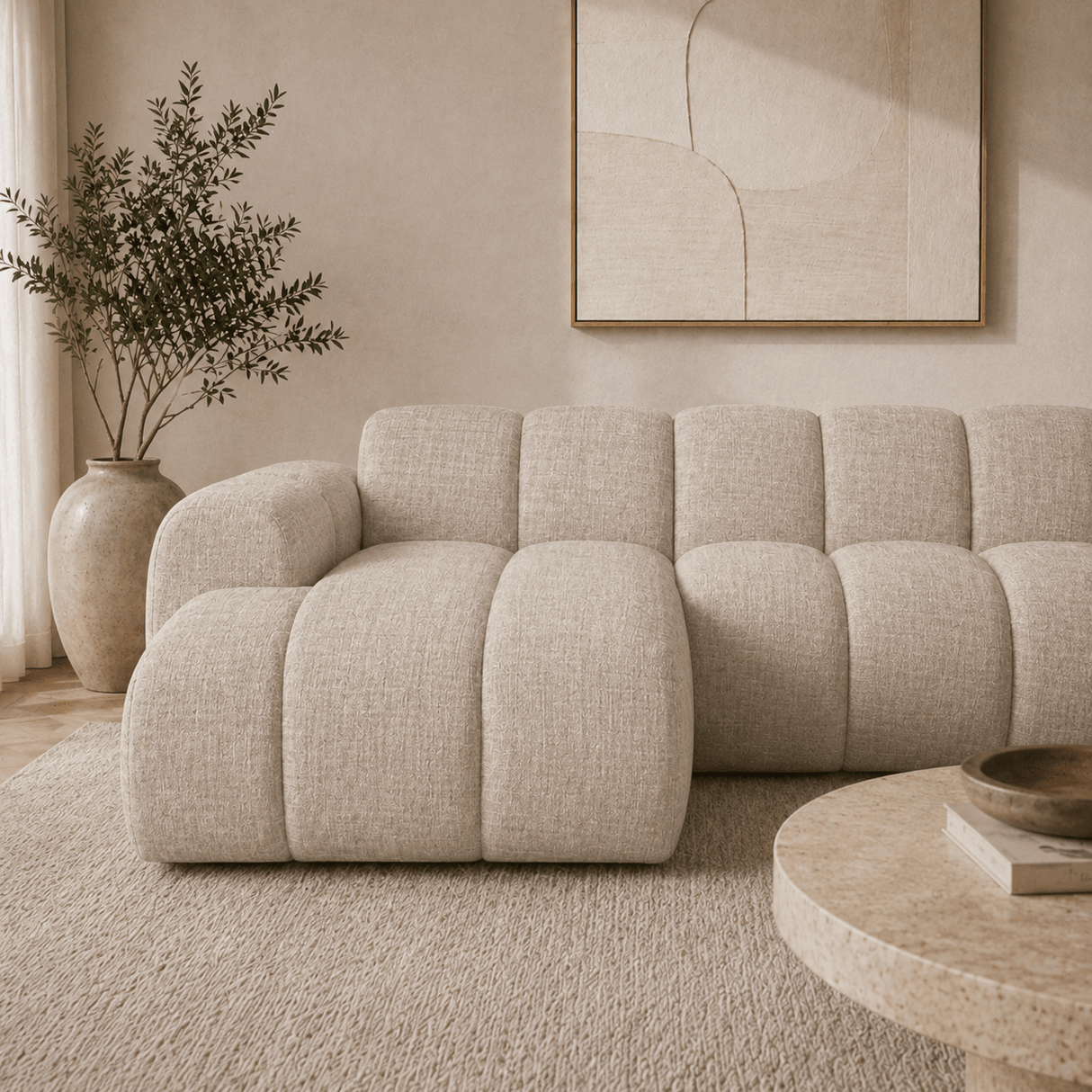 Banken-Hoekbank met lounge beige velvet structuurstof - strepen - links - Brix-Dimehouse