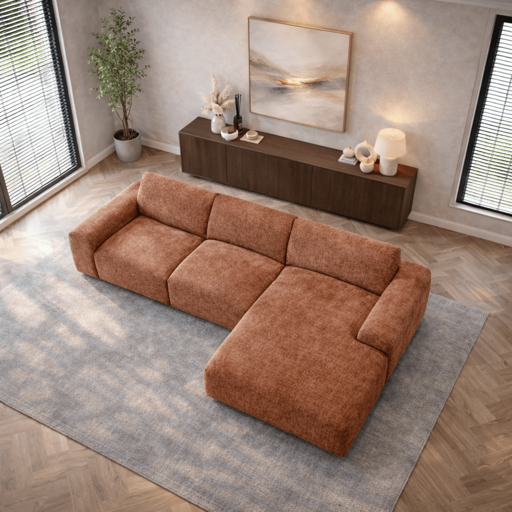 Hoekbank met lounge koper chenille stof Shane - rechts