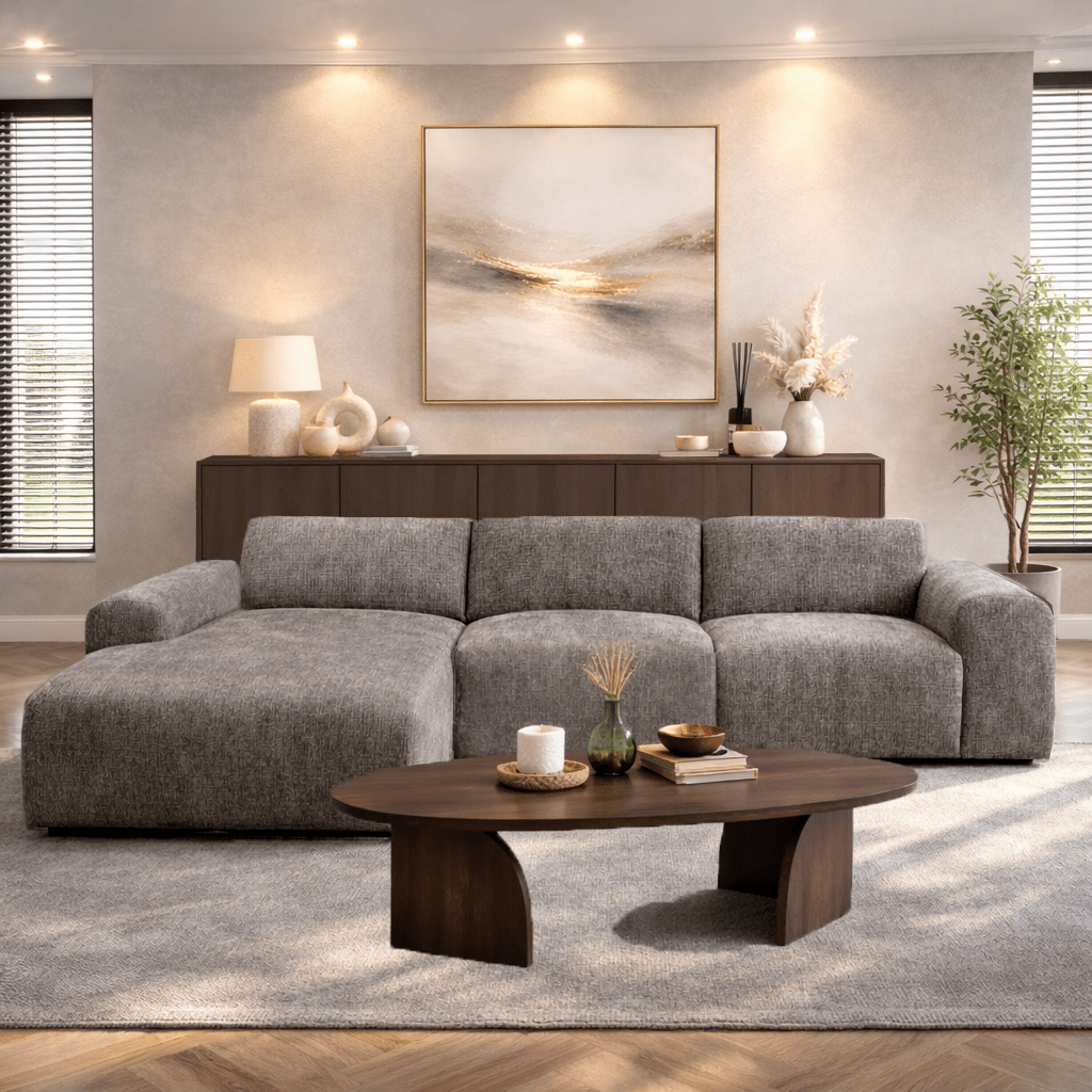 Hoekbank met lounge taupe chenille stof Shane - links