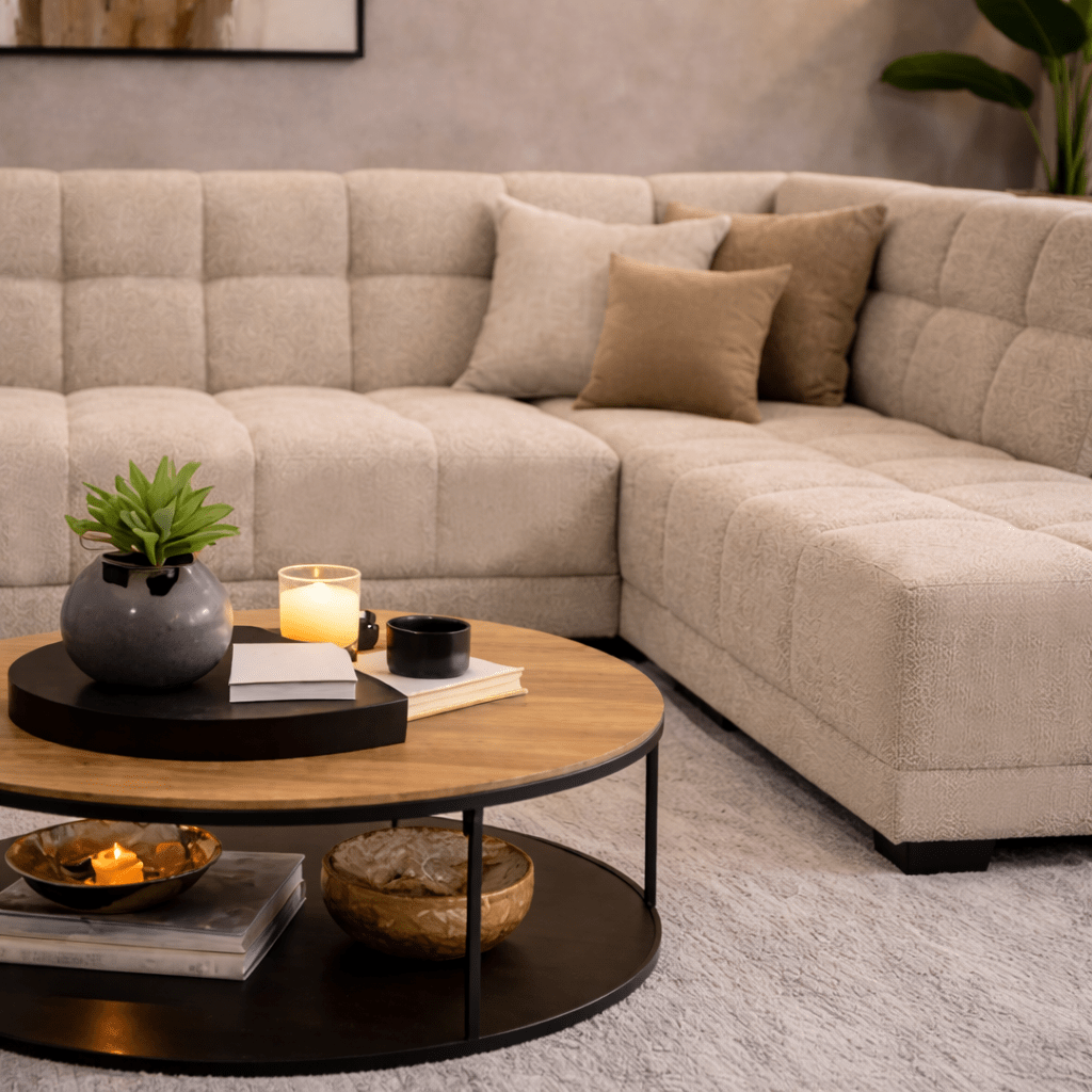 Banken - Hoekbank met lounge beige bouclé stof Nova - rechts - Dimehouse