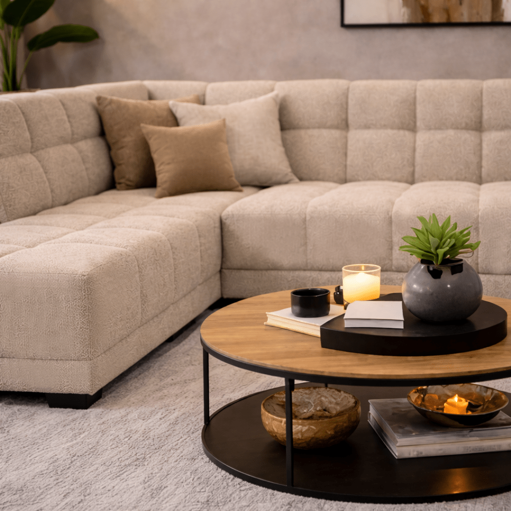 Hoekbank met lounge beige bouclé stof Nova - links