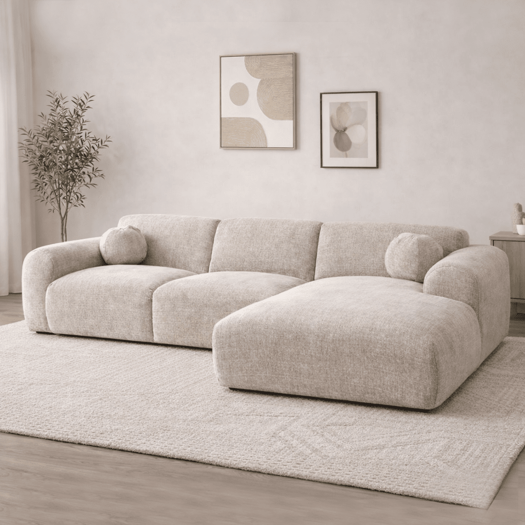 Hoekbank met lounge beige chenille stof Shane - rechts