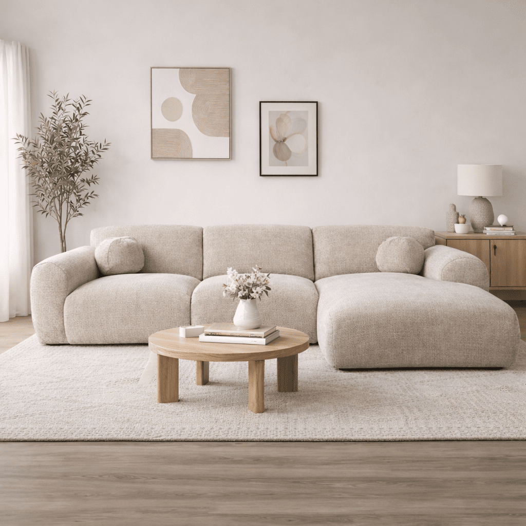 Hoekbank met lounge beige chenille stof Shane - rechts