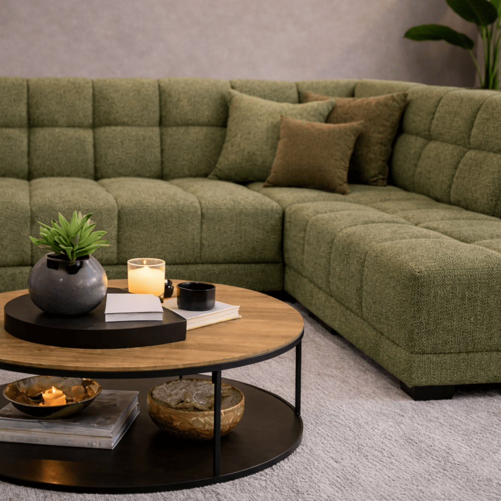 Hoekbank met lounge olijf groen bouclé stof Nova - rechts