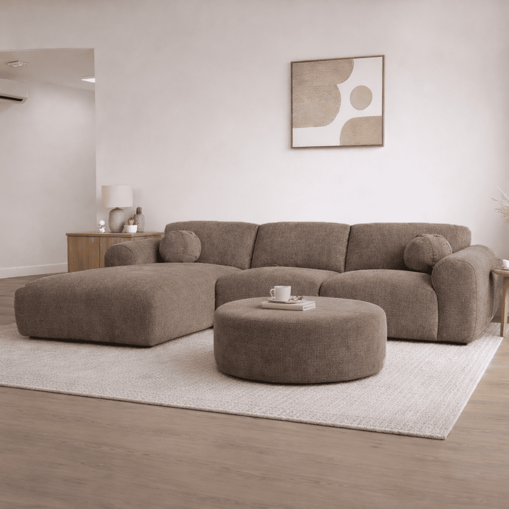 Hoekbank met lounge taupe chenille stof Shane - links