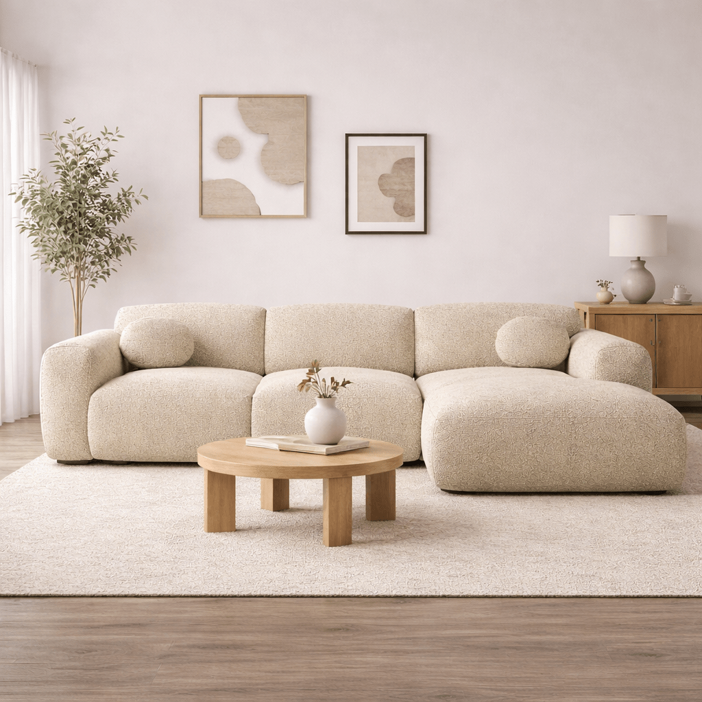 Banken - Hoekbank zand bouclé stof - 292x169 cm - Shane - rechts - Dimehouse