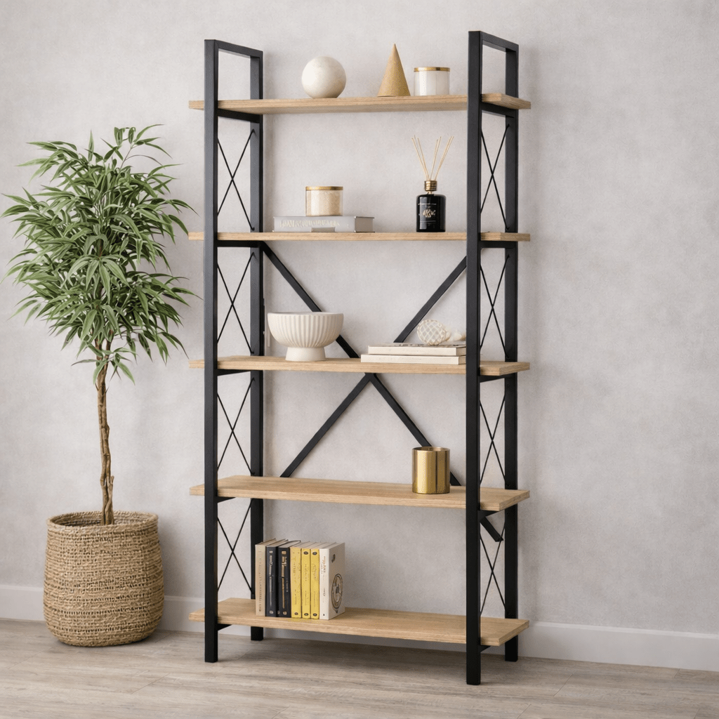 Industriële Boekenkast Ely Eiken Melamine - Zwart Frame - 180x90 cm