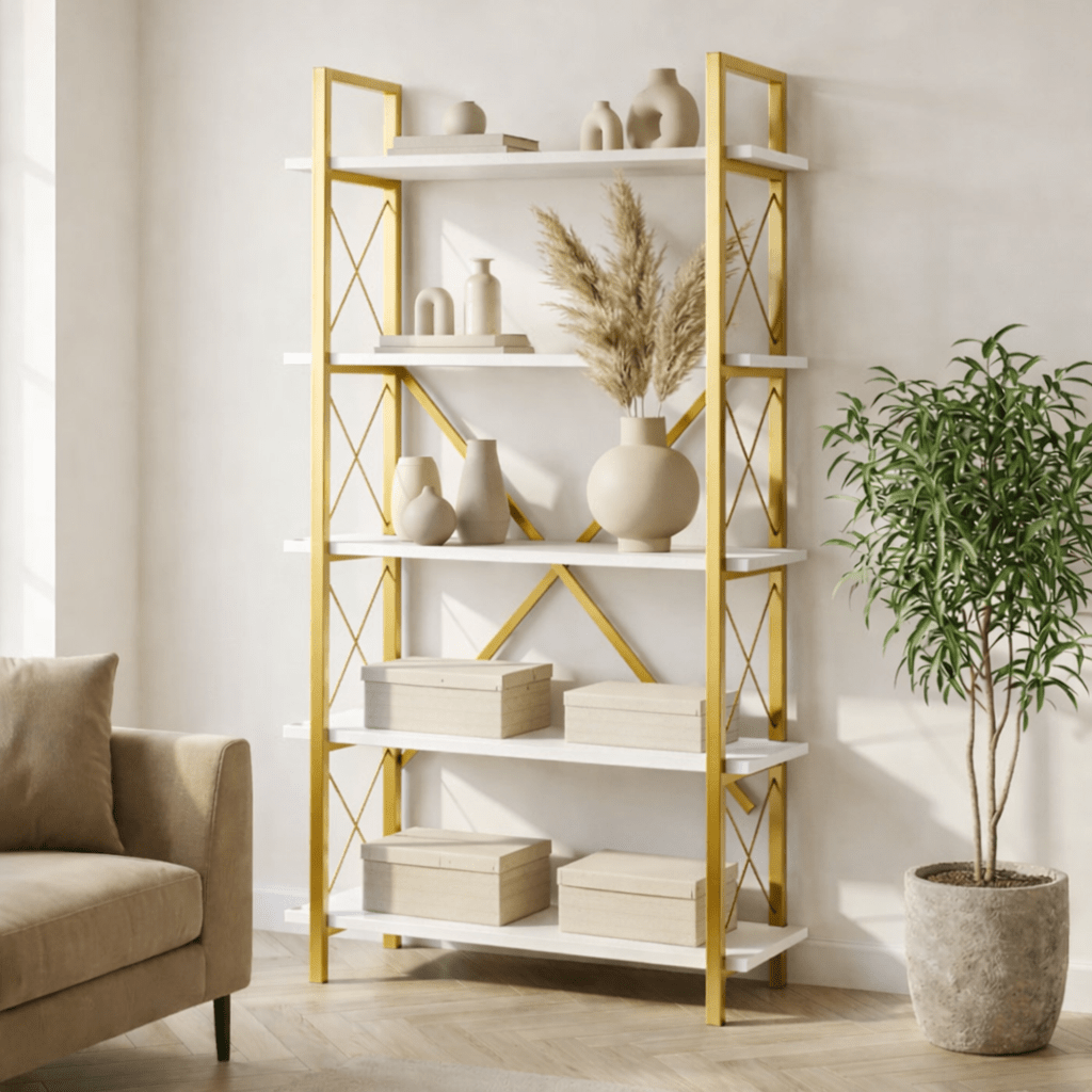 Boekenkasten - Moderne boekenkast wit melamine Ely - Gouden Frame - 180x90 cm - Dimehouse