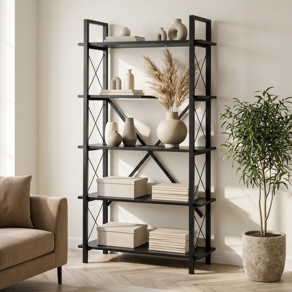 Industriële Boekenkast Ely Zwart Hout - Zwart Frame - 180x90 cm