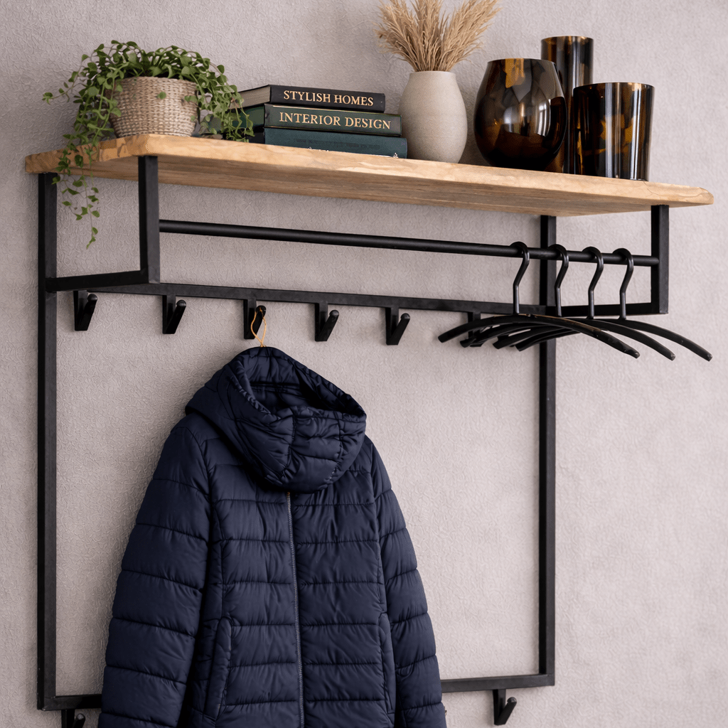 Industriële Kapstok Metaal met Acaciahout 12 Haken 100x80cm - Teun