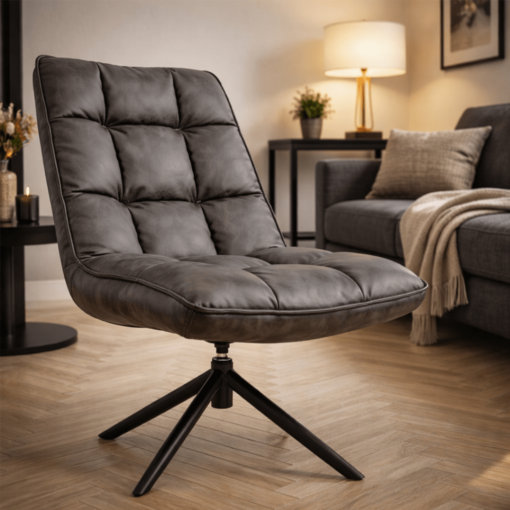 Fauteuils - Industriële draaifauteuil antraciet eco - leer 360° draaibaar Yuki - Dimehouse