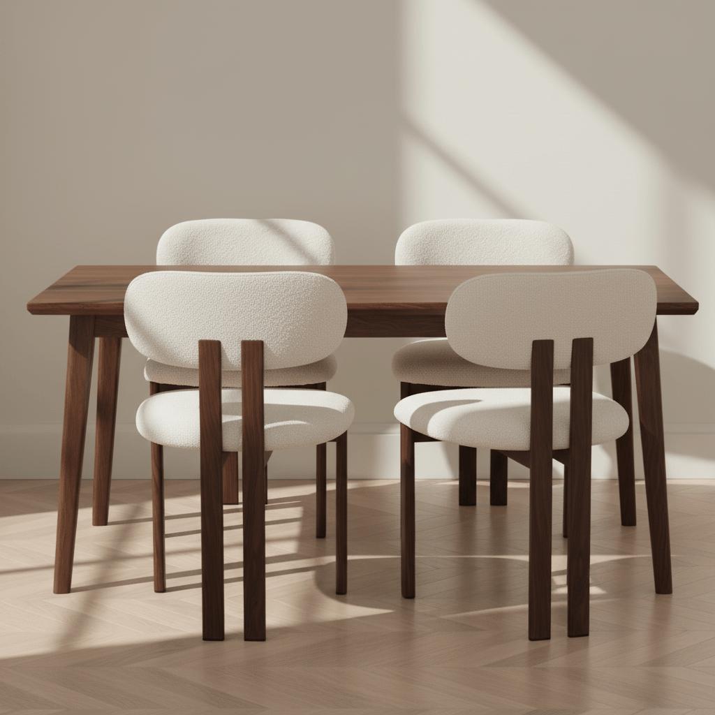 Japandi Eetkamerstoel Miyo Bouclé Beige - Walnootlook Frame