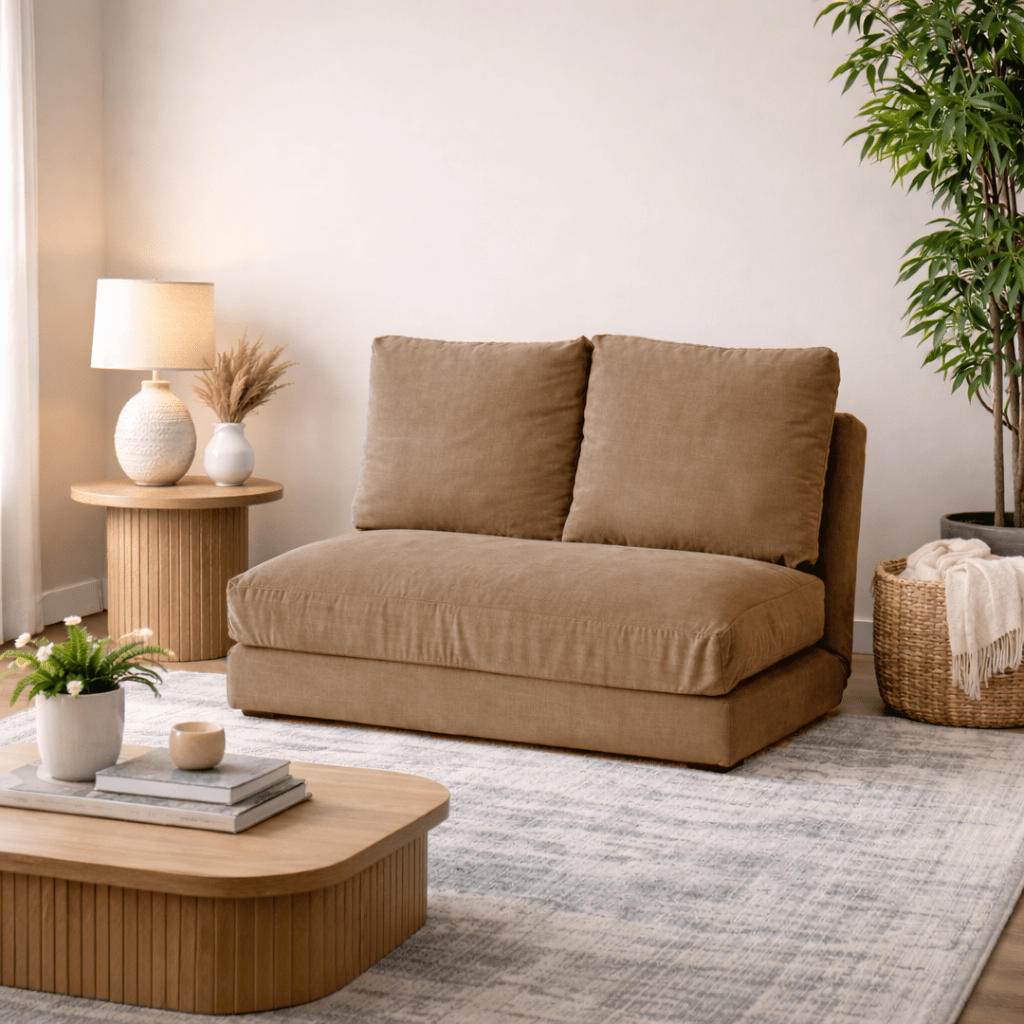 Banken - Slaapbank Japandi camel bruine stof 2 - zits - lage rug en verstelbaar - Taida - Dimehouse