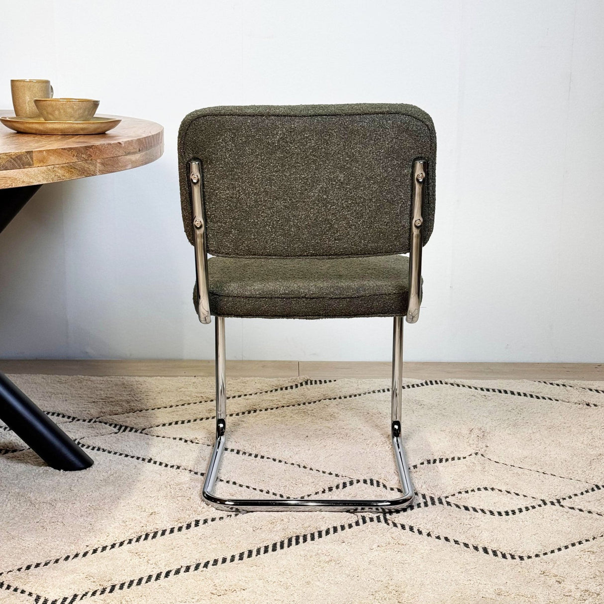 Moderne Eetkamerstoel Groen Bouclé Stof Sway - Chrome Frame - Zonder Armleuningen