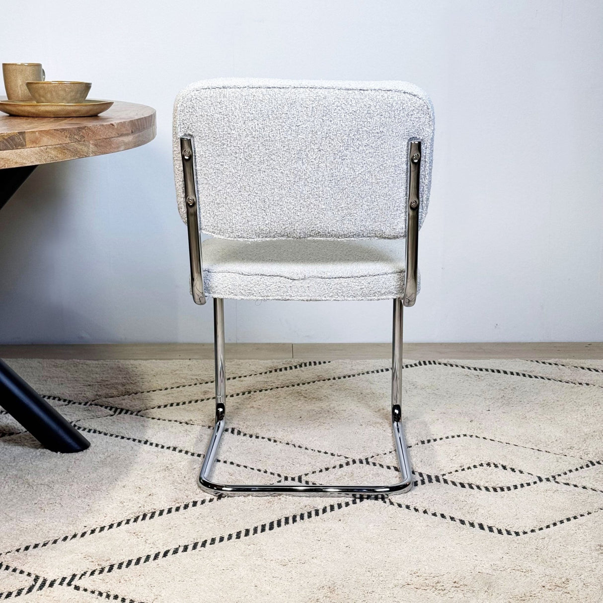 Moderne Eetkamerstoel Grijs Bouclé Stof Sway - Chrome Frame - Zonder Armleuningen