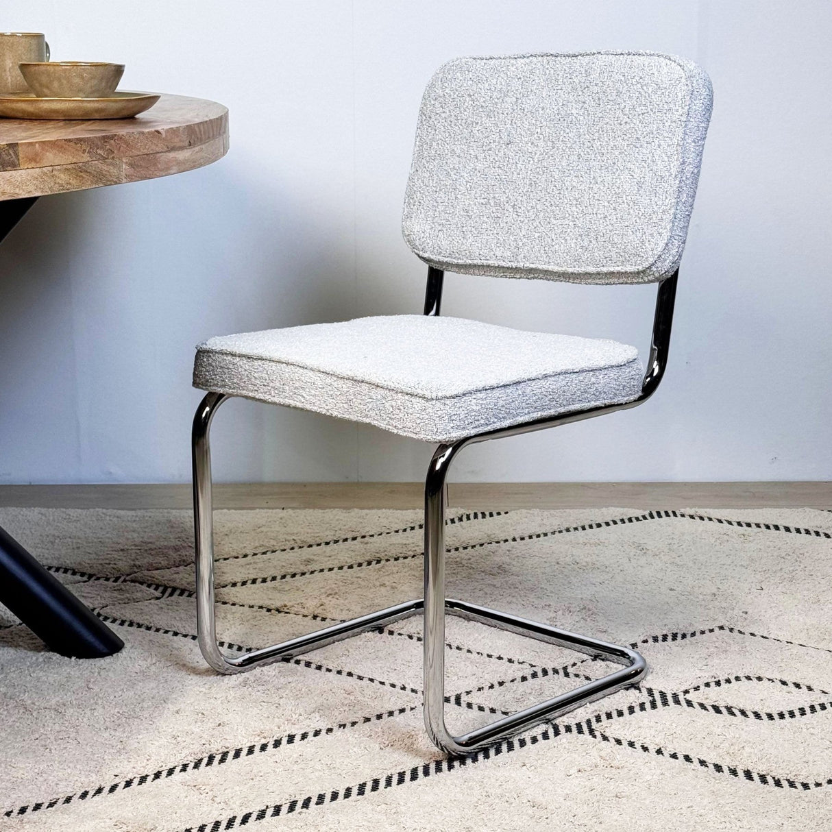 Moderne Eetkamerstoel Grijs Bouclé Stof Sway - Chrome Frame - Zonder Armleuningen