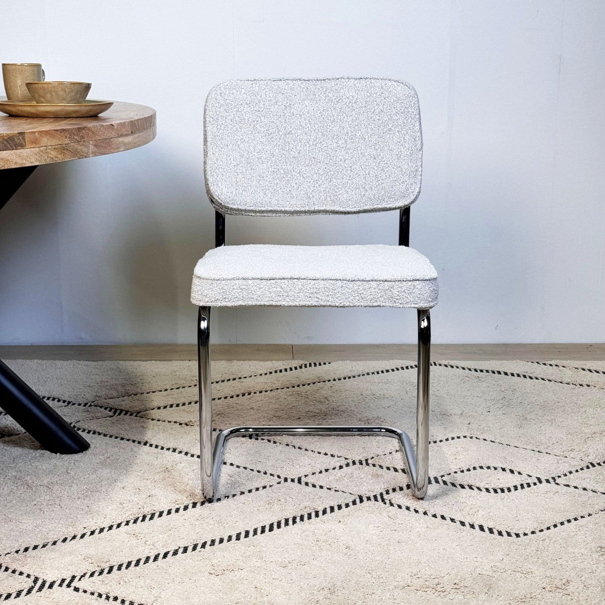 Moderne Eetkamerstoel Grijs Bouclé Stof Sway - Chrome Frame - Zonder Armleuningen