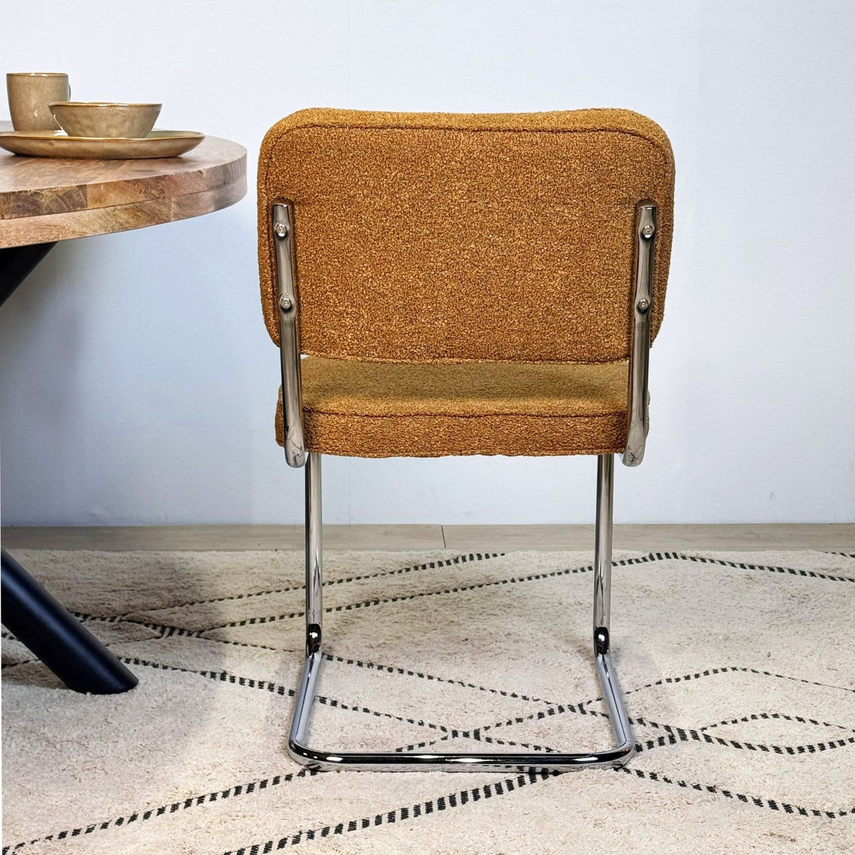 Moderne Eetkamerstoel Koper Bouclé Stof Sway - Chrome Frame - Zonder Armleuningen