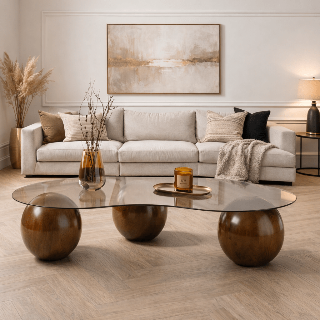 Organische salontafel brons getint glas walnoot bolpoten Sphere 120x70 cm