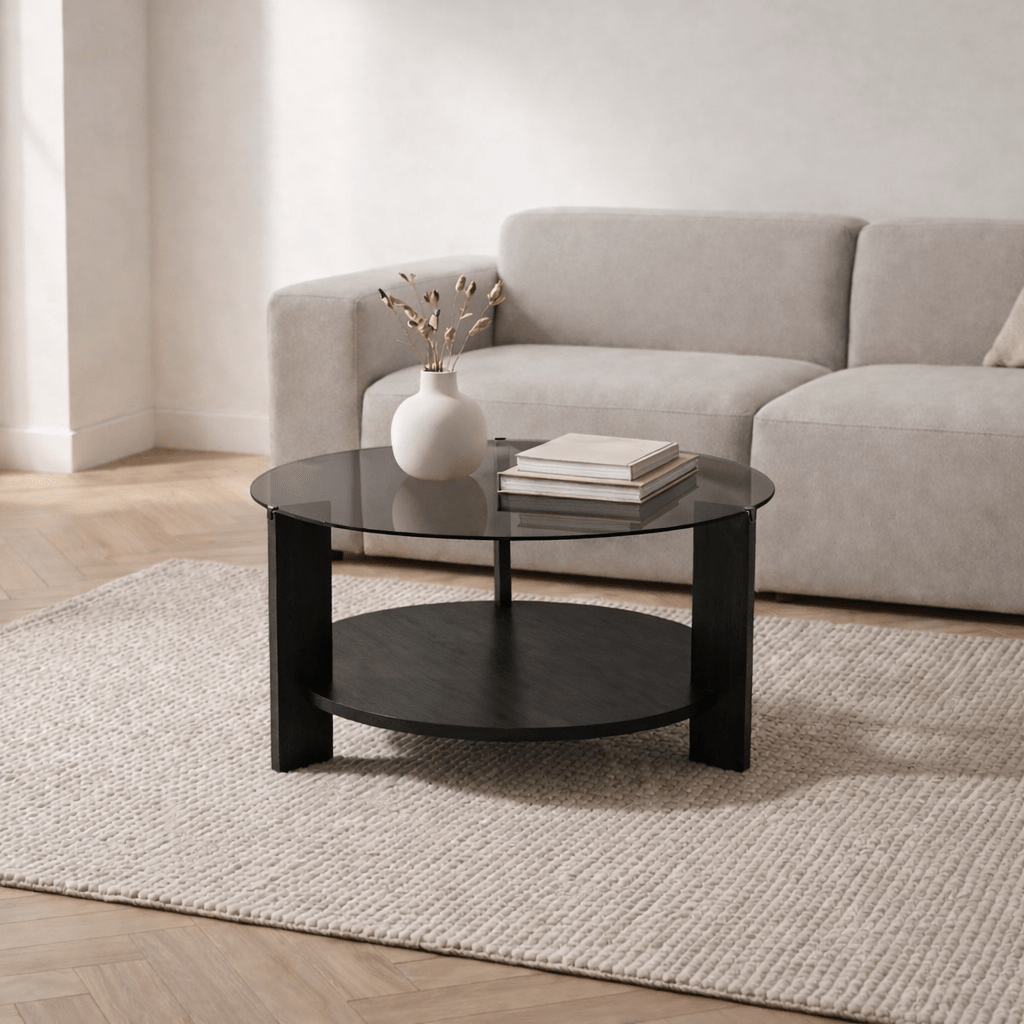 Ronde salontafel zwart melamine rookglas Ø75 cm - Cairo