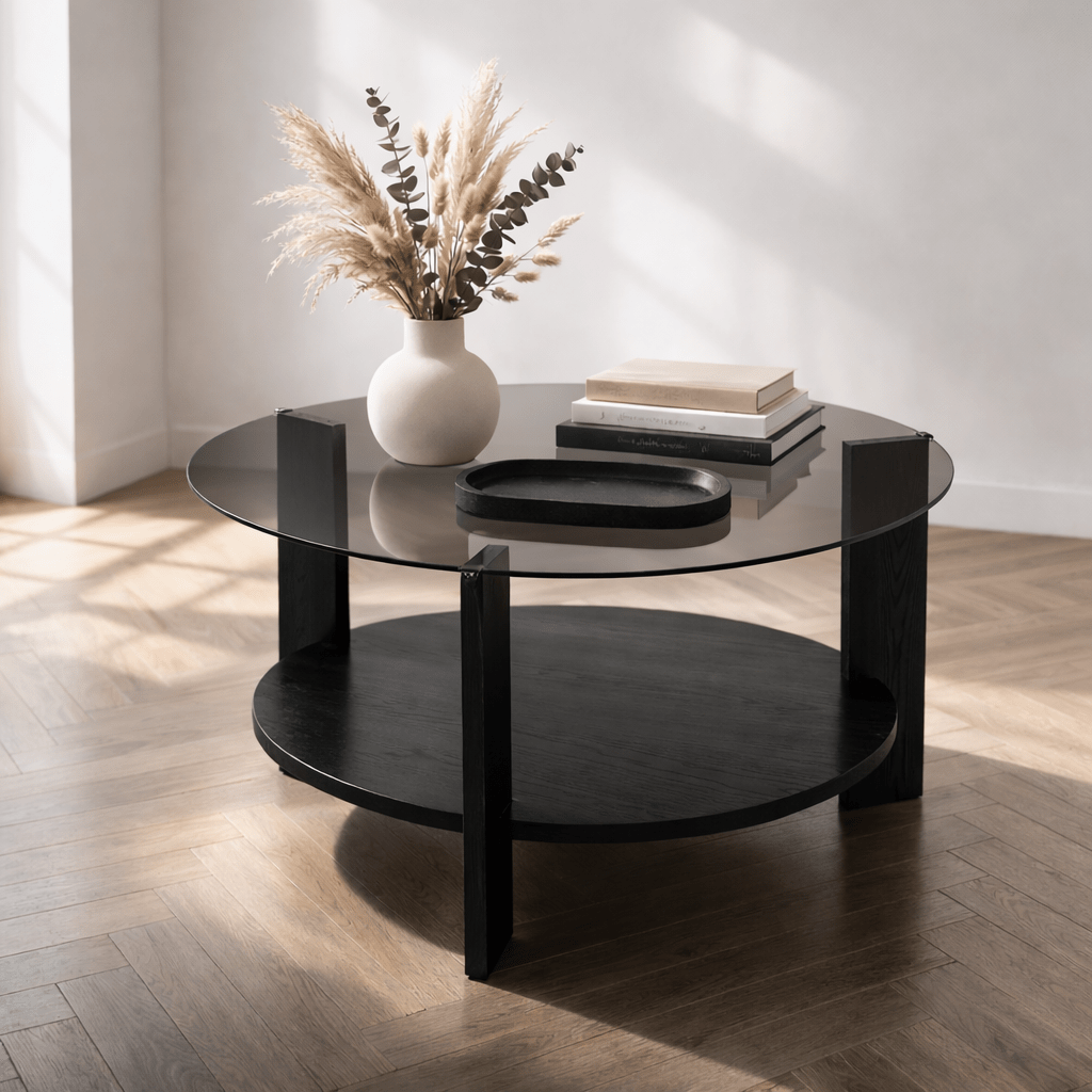 Ronde salontafel zwart melamine rookglas Ø75 cm - Cairo