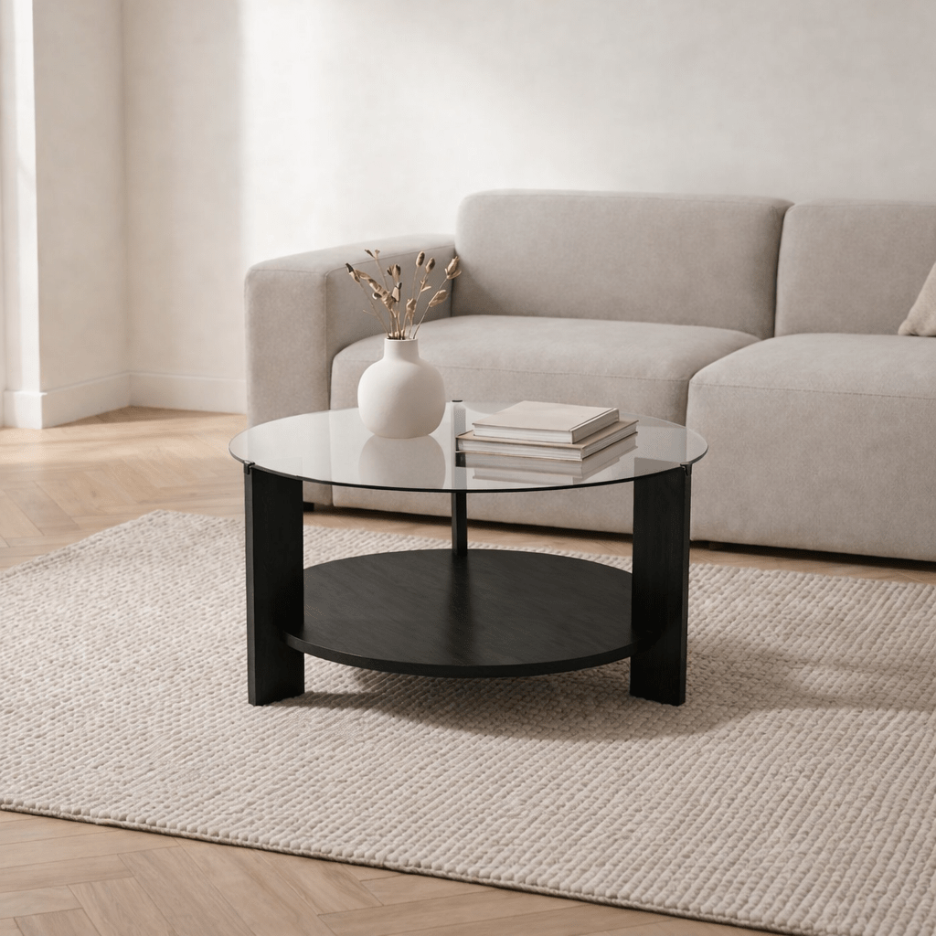 Ronde salontafel zwart melamine transparant glas Ø75 cm - Cairo