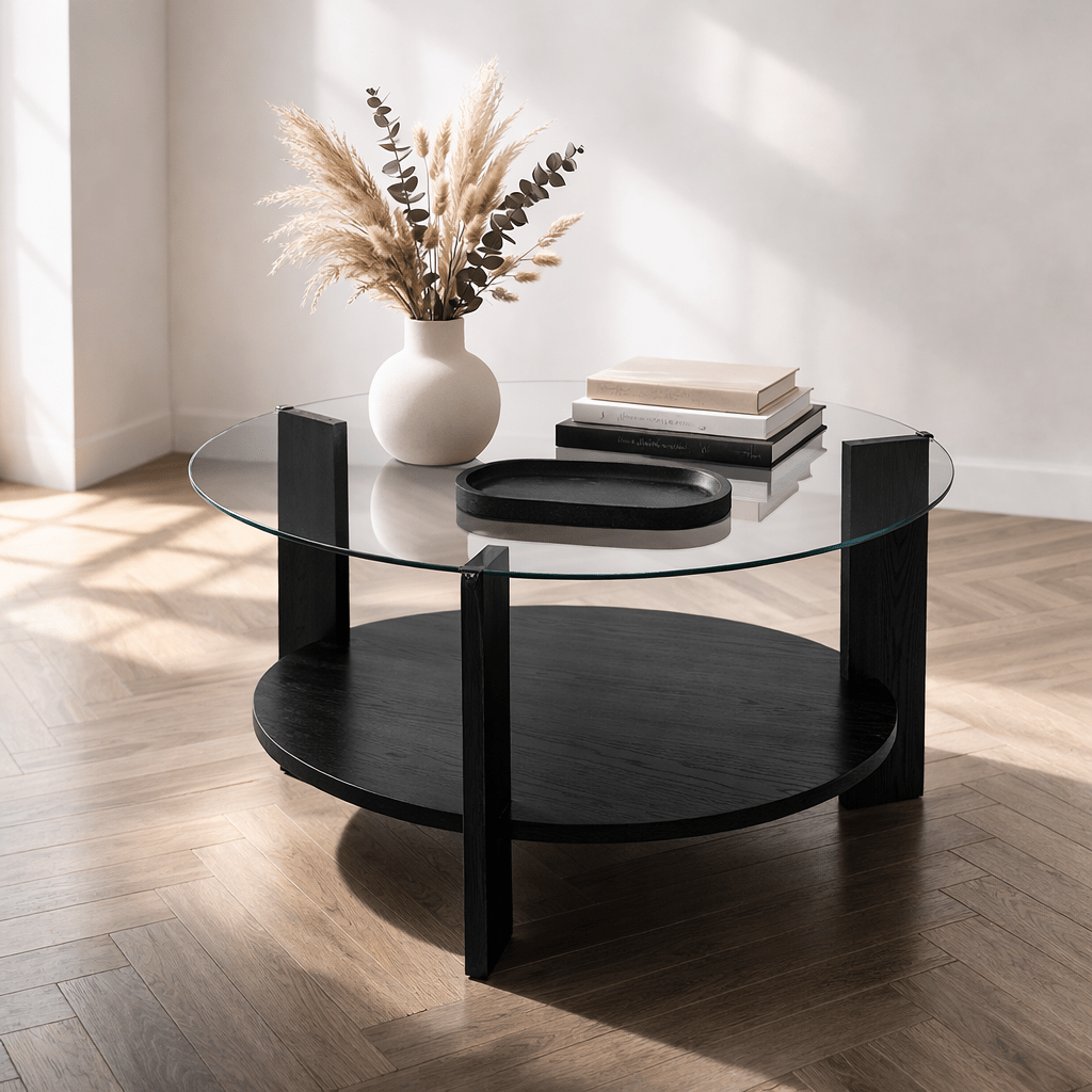 Ronde salontafel zwart melamine transparant glas Ø75 cm - Cairo