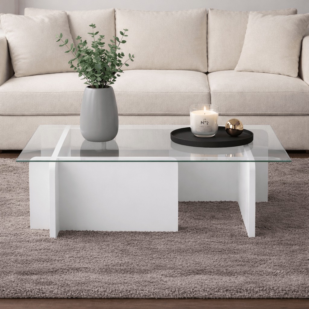 Salontafels - Salontafel Wit Melamine Glas Opal 105x65x30 cm - Dimehouse