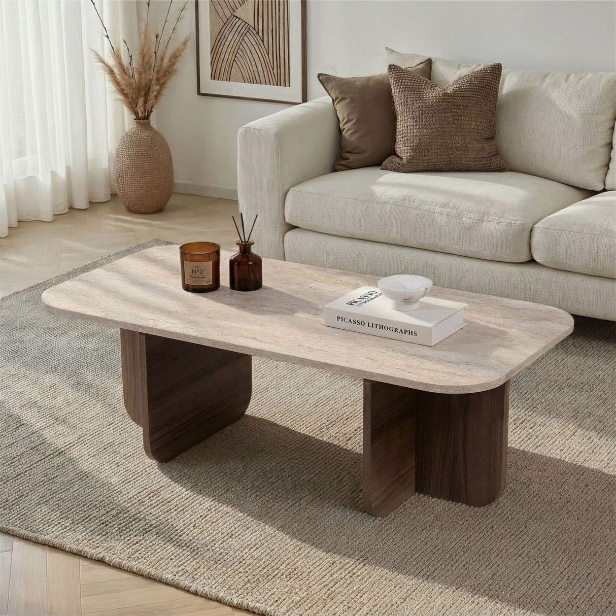 Salontafel walnoot melamine met travertin top - Japandi - 120x60 cm - Akira
