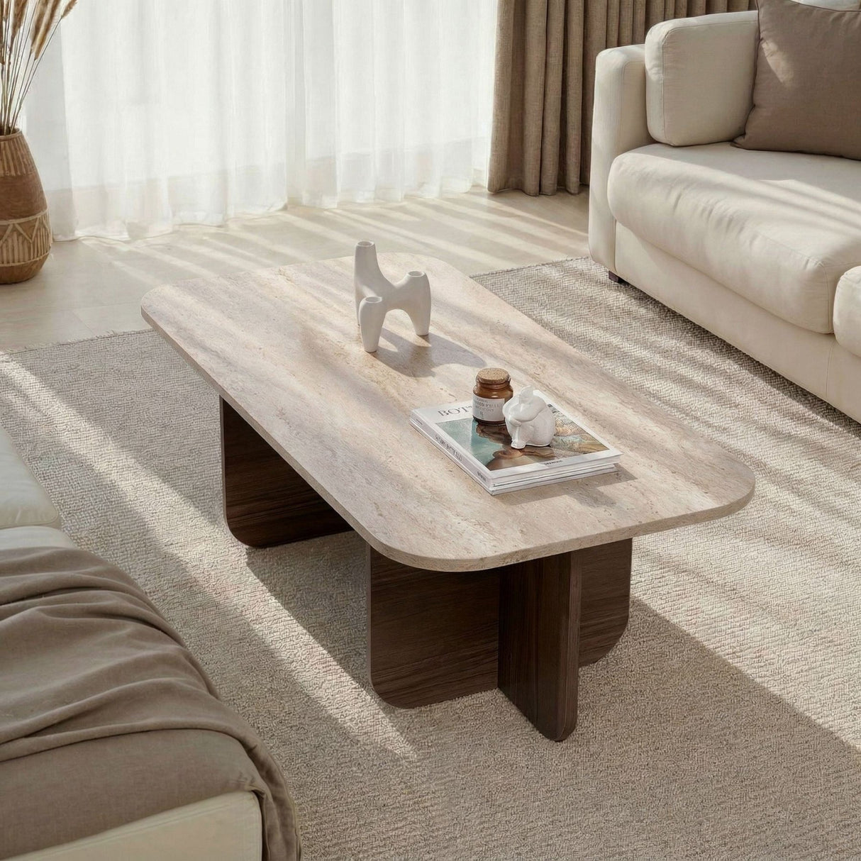 Salontafel walnoot melamine met travertin top - Japandi - 120x60 cm - Akira