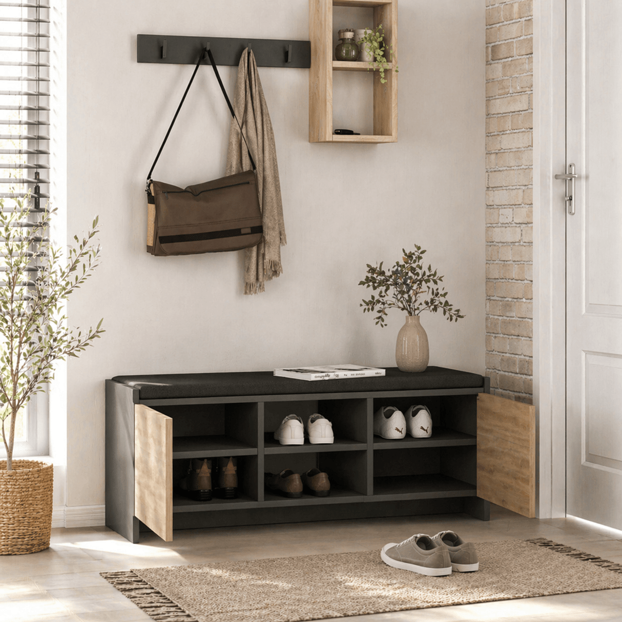 Schoenenkasten - Schoenenkast Eiken met antraciet Melamine - zes vakken - 110x43x37 cm - Zulla - Dimehouse