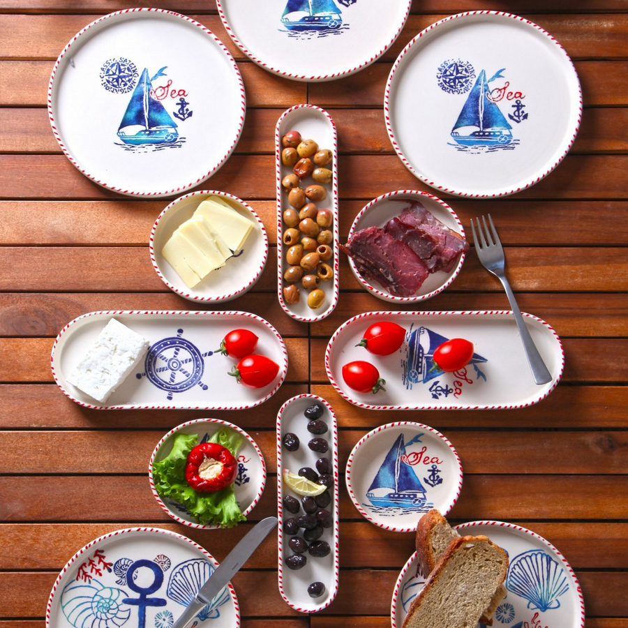 Servies set keramiek - 14 delig - Wit met blauw - Sailing