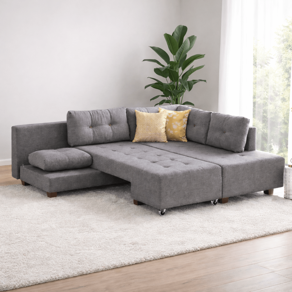 Slaapbank grijs stof - XL 280x206 cm - met wielen - Rechts - Manama