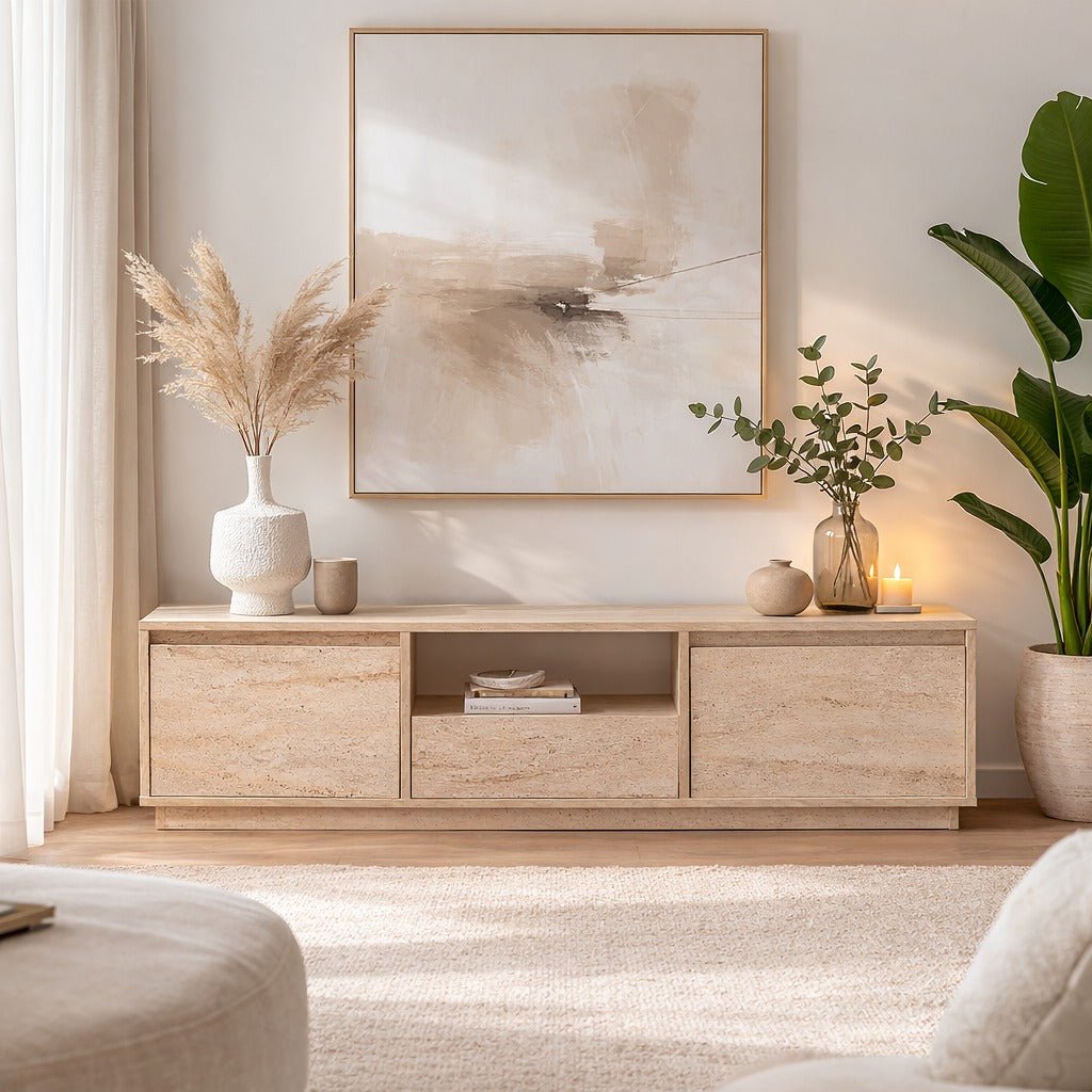 TV Meubel Travertin Melamine - drie kastjes - 160x42x29,5 cm - Flare