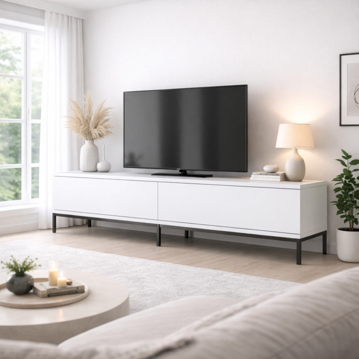 TV Meubels - TV Meubel Lord Zwart Wit Melamine 180x47x30 cm - Dimehouse