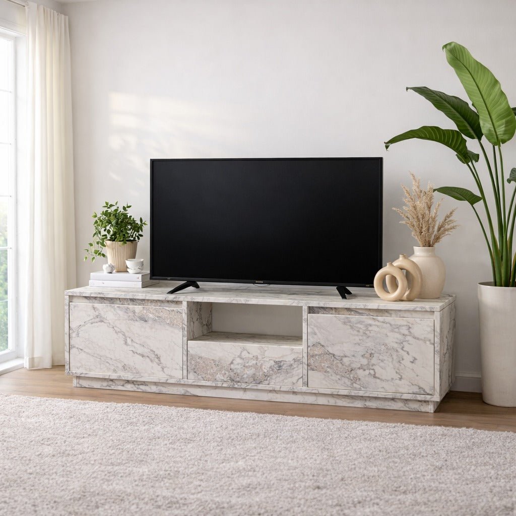 TV Meubel Marmer Melamine - drie kastjes - 160x42x29,5 cm - Flare