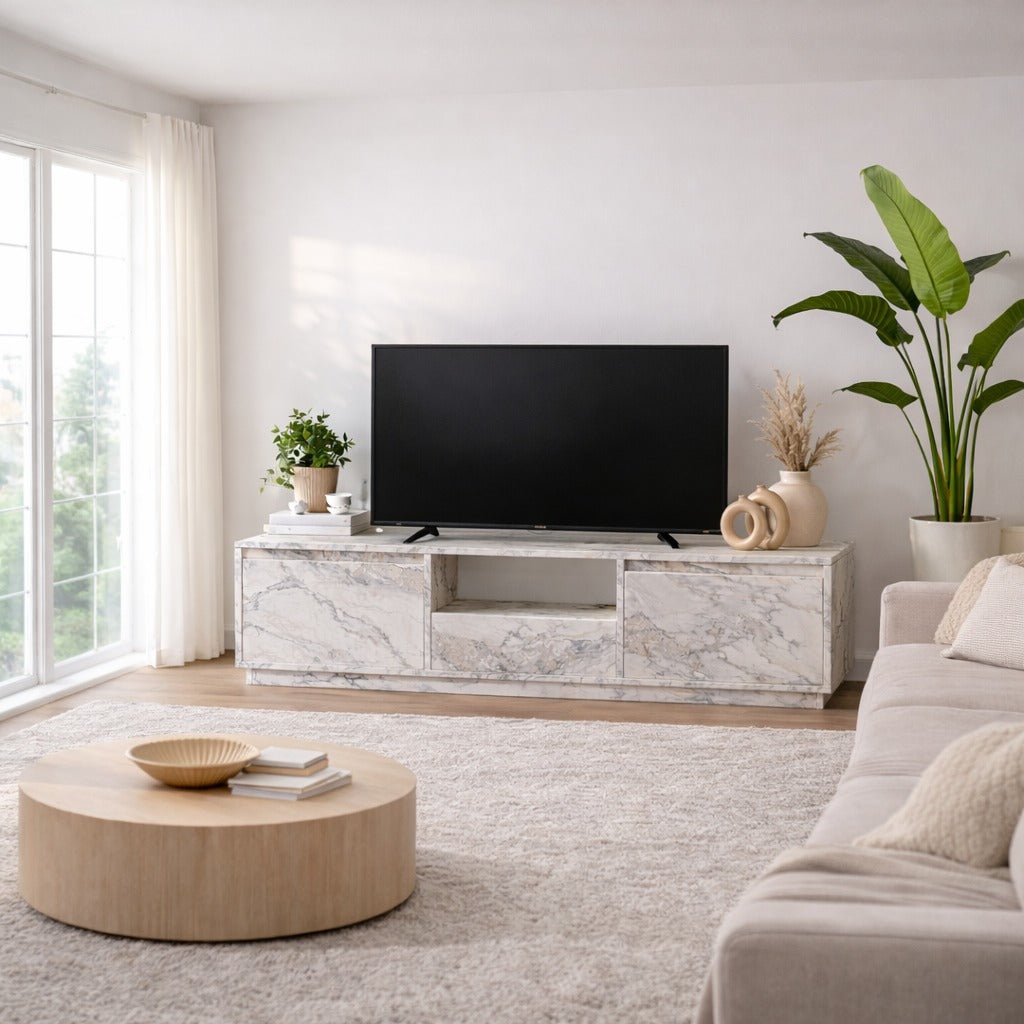 TV Meubel Marmer Melamine - drie kastjes - 160x42x29,5 cm - Flare