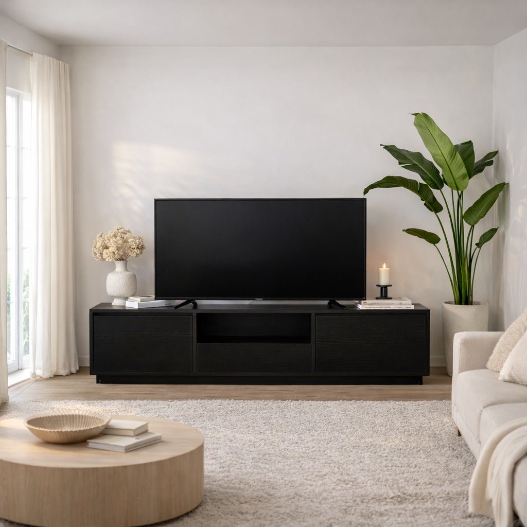 TV Meubels - TV Meubel Zwart Melamine - drie kastjes - 160x42x29,5 cm - Flare - Dimehouse