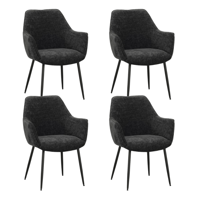 Set van 4 Eetkamerstoelen Sev Zwart Chenille Stof - Met Armleuning